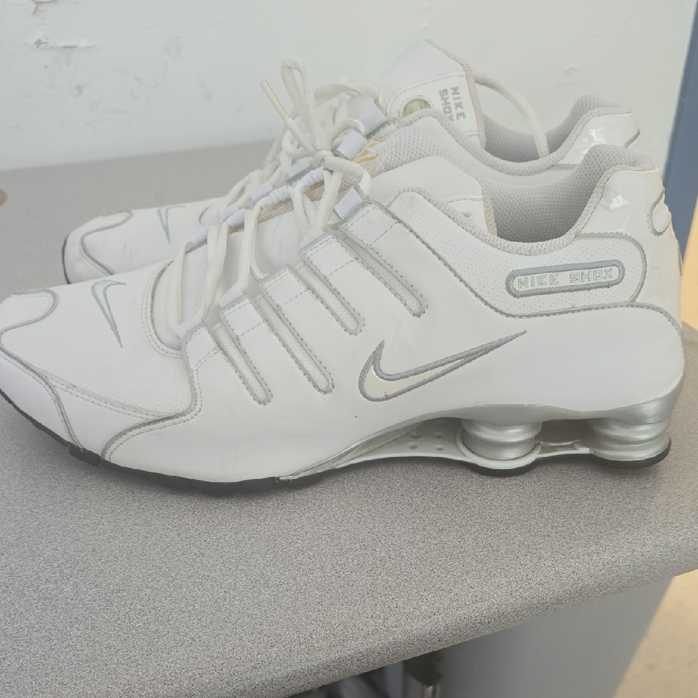 Nike White and Metallic Silver Shox Sneakers
